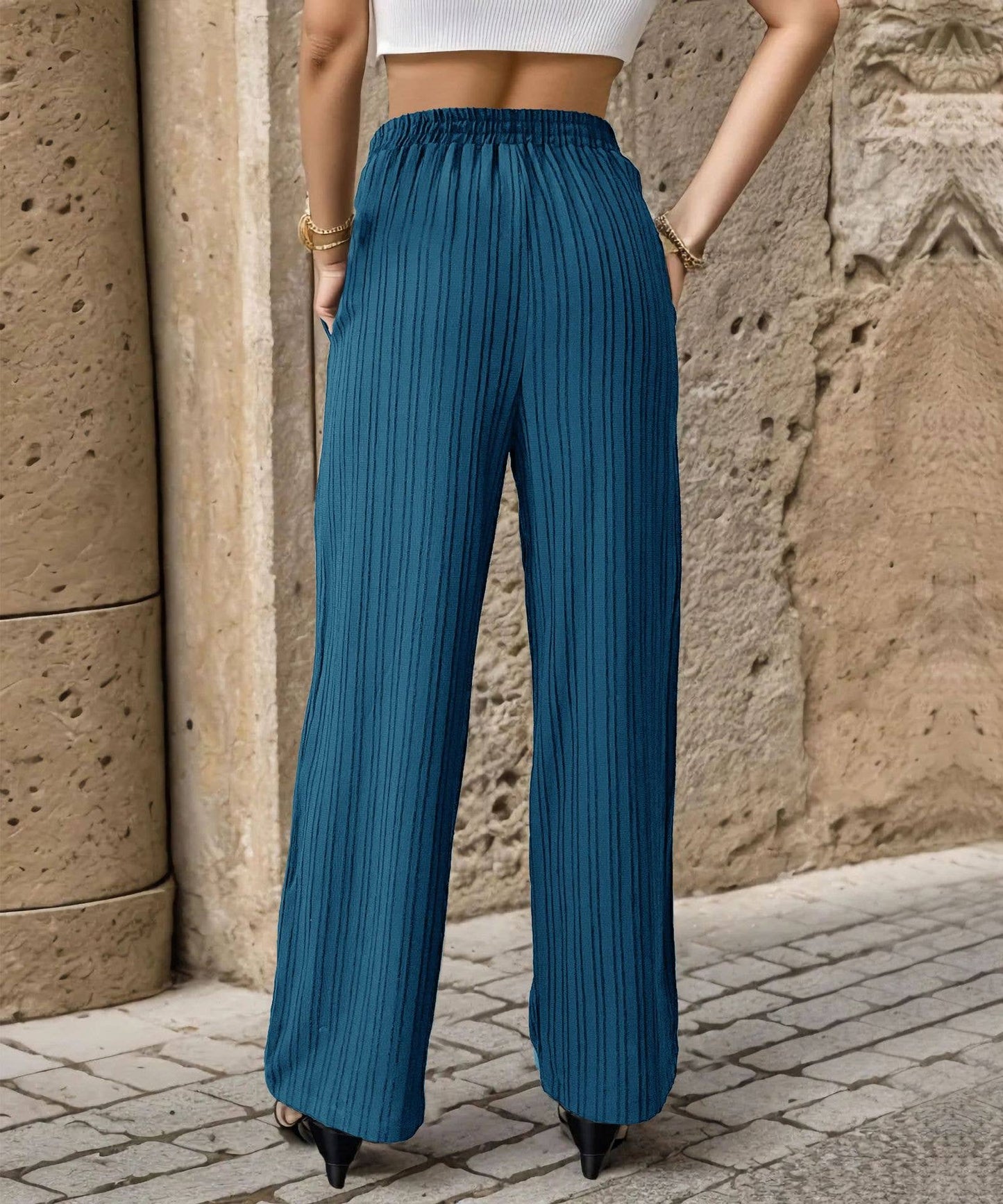 SOLID COLOR PLEATED STRAIGHT LEG CASUAL PANTS