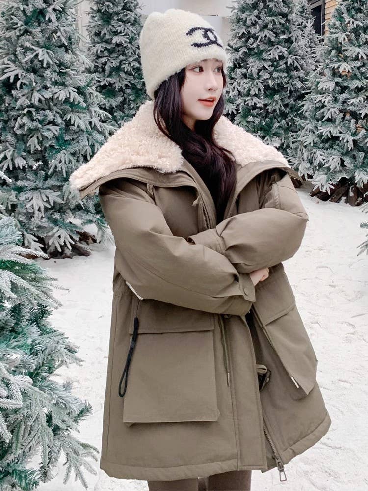 Large lapel horn buckle waist cottons jacket