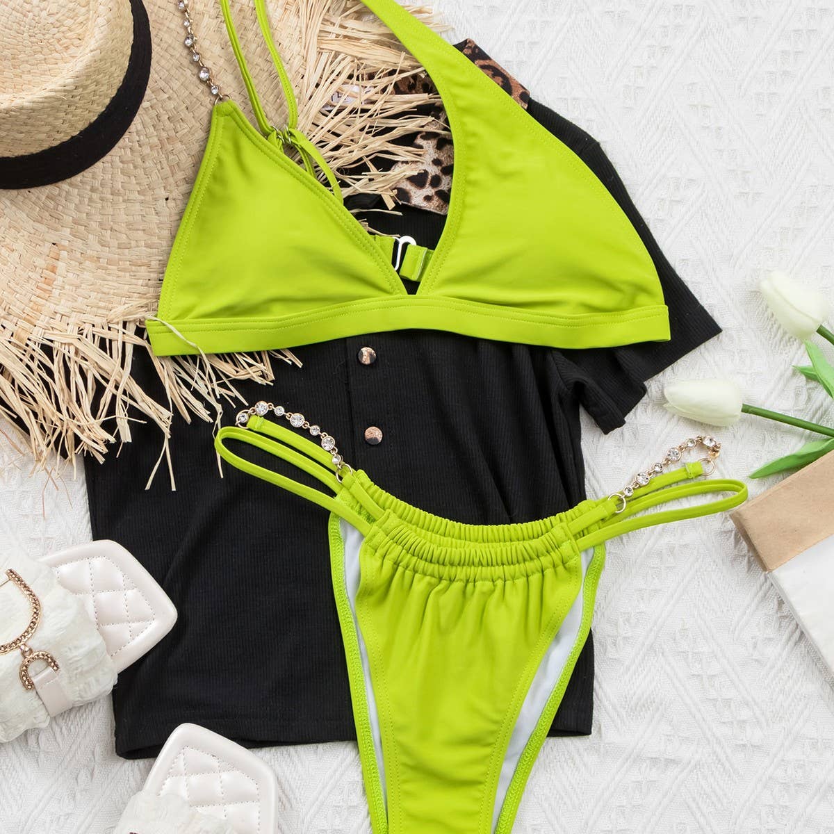 Rhinestone Bikini Set - Sexy Solid Color Swimsuit