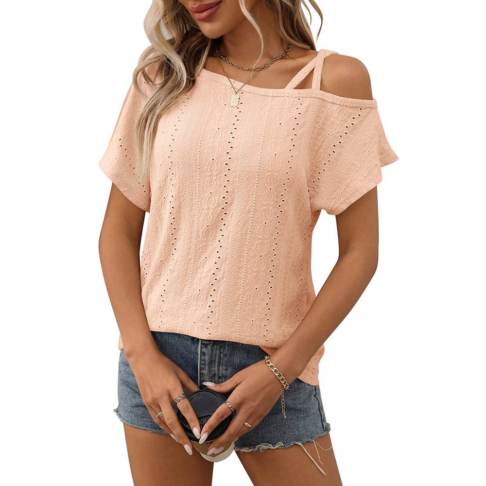 Solid color single shoulder short sleeve Top