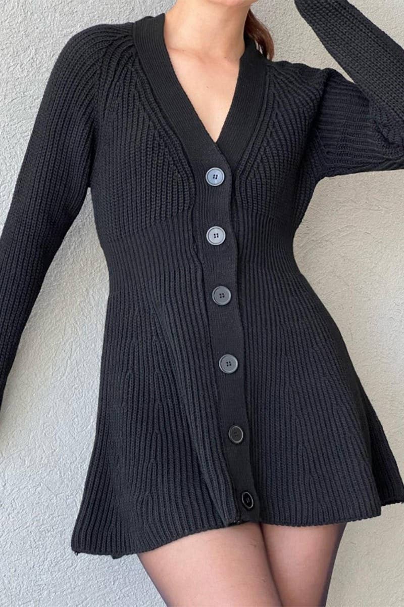 CWDSD10835_V-NECK SOLID LONG SLEEVE SWEATER DRESS