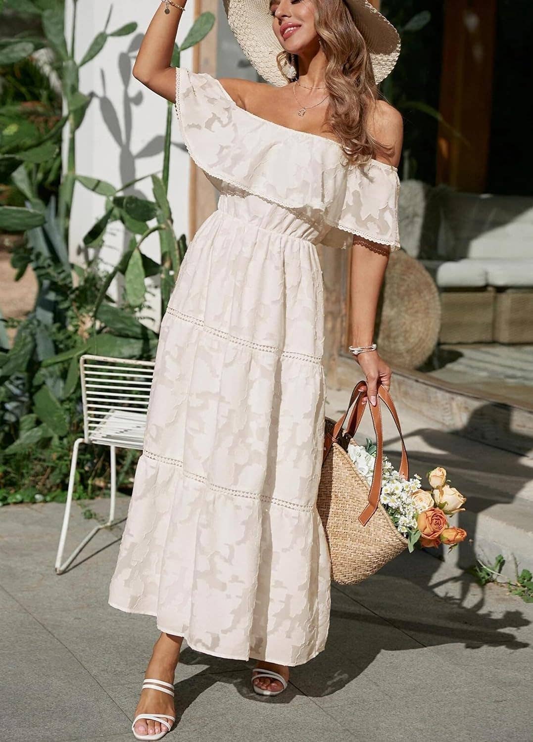 Solid color one-line shoulder high-waisted dress