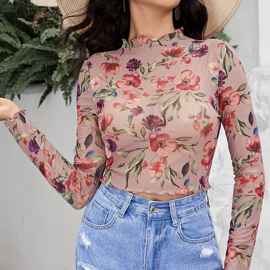 SEMI SHEER FLORAL PRINT MESH LACE SLIM FIT TOP