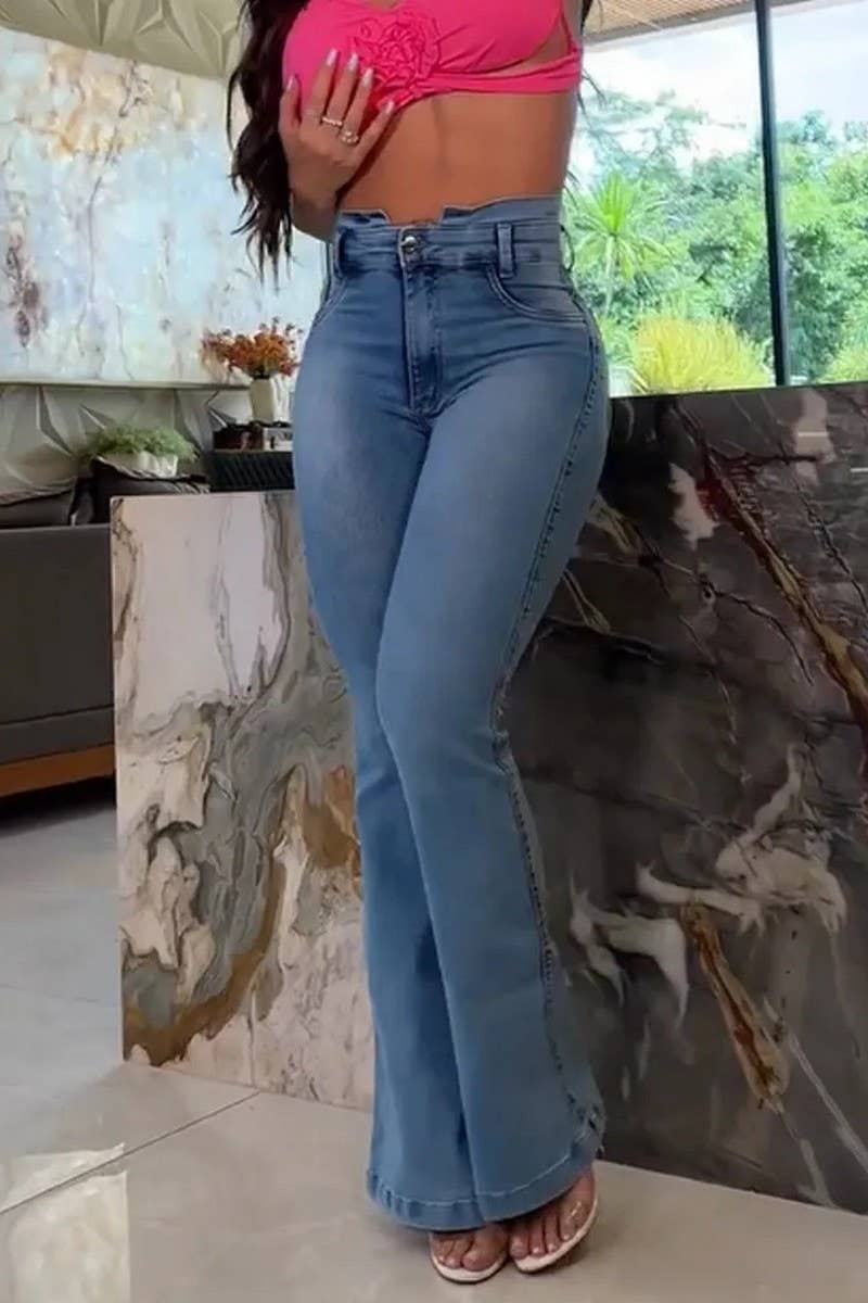 CWJP0588_HIGH WAIST WASHED BOOTCUT DENIM JEANS