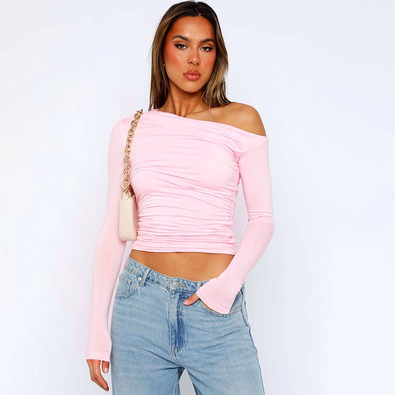 Solid-color off-the-shoulder pleated top T-shirt
