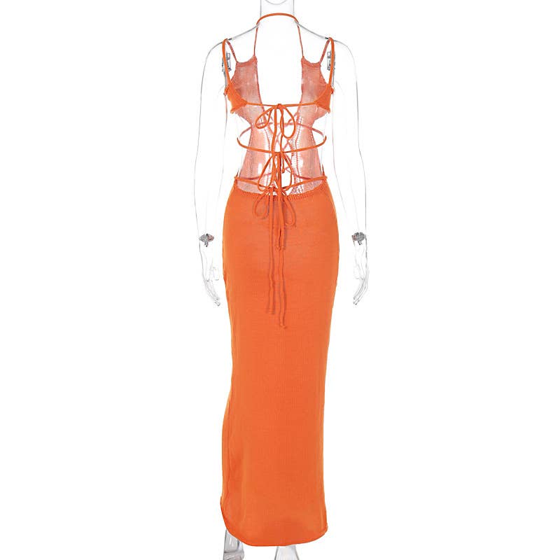SEXY LACE-UP CUT-OUT HALTER KNIT DRESS