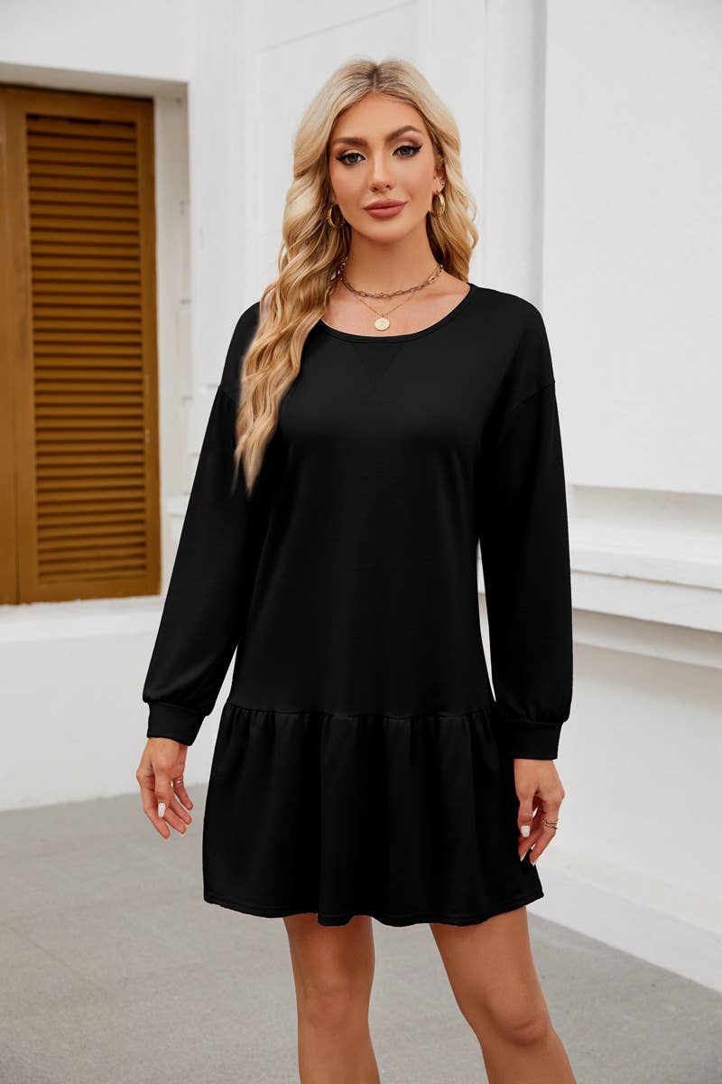 ROUND NECK LONG SLEEVE SOLID COLOR SHORT DRESS