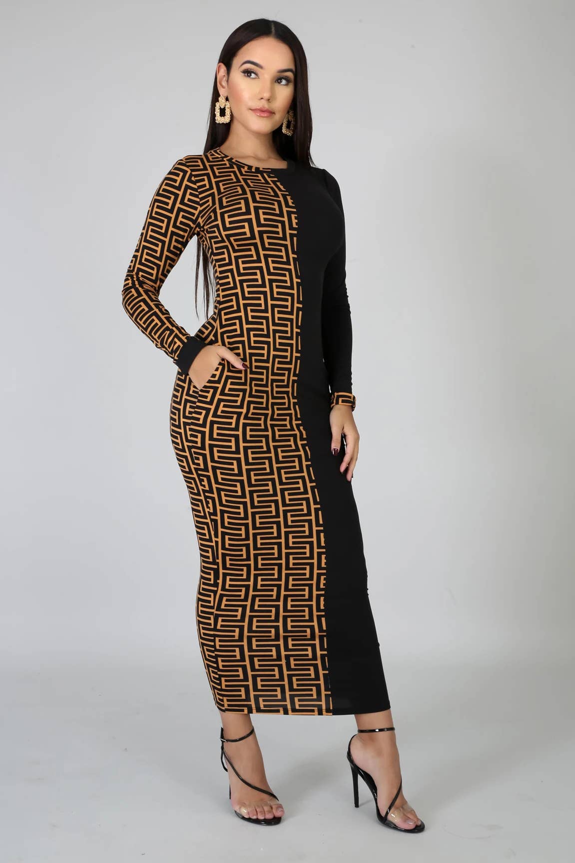 PATCHWORK PRINT FASHION SLIM-FIT LONG DRESS