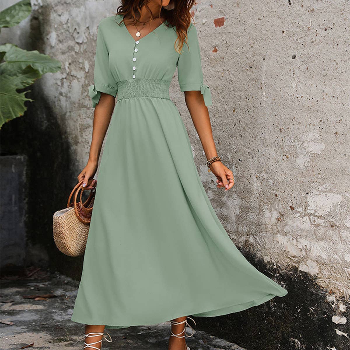 Solid color belted dress