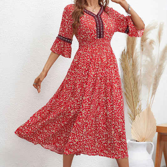 Stylish elegant socialite floral mid-length dress