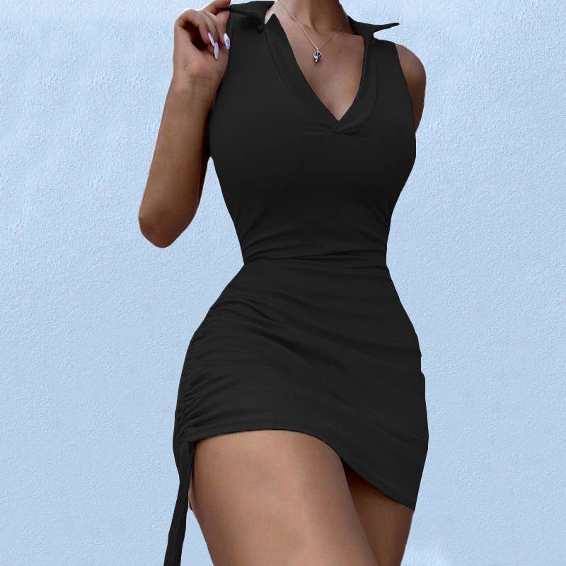V-NECK LAPEL SLEEVELESS RIBBED SEXY KNIT DRESS