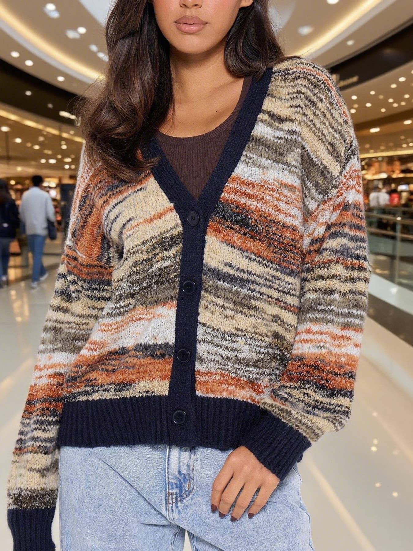 Gradient Striped V-Neck Knitted Cardigan