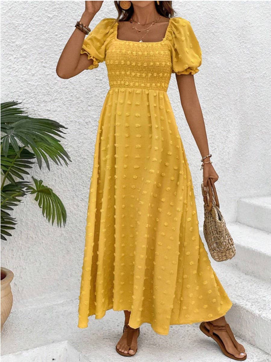 Solid color swiss polka dot square collar dress