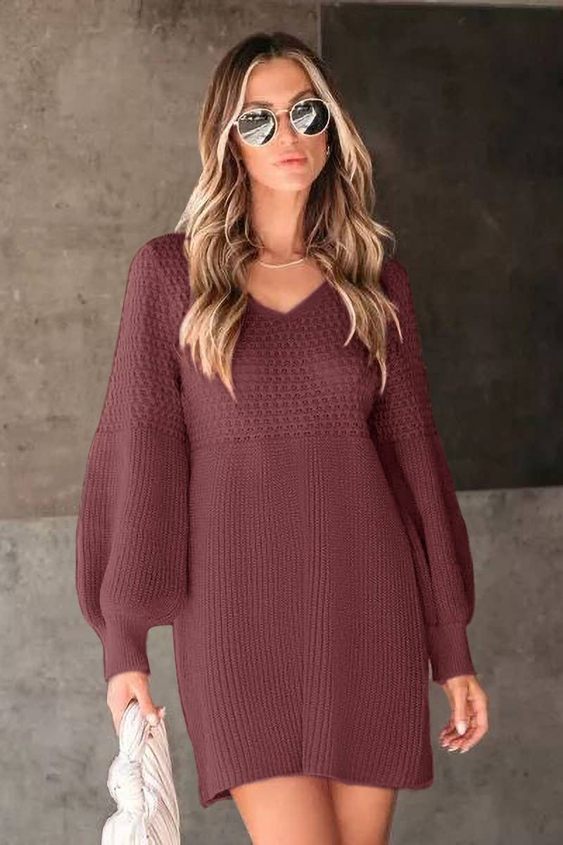 CWDSD5912_V-NECK LANTERN SLEEVE KNITTED SWEATER DRESS