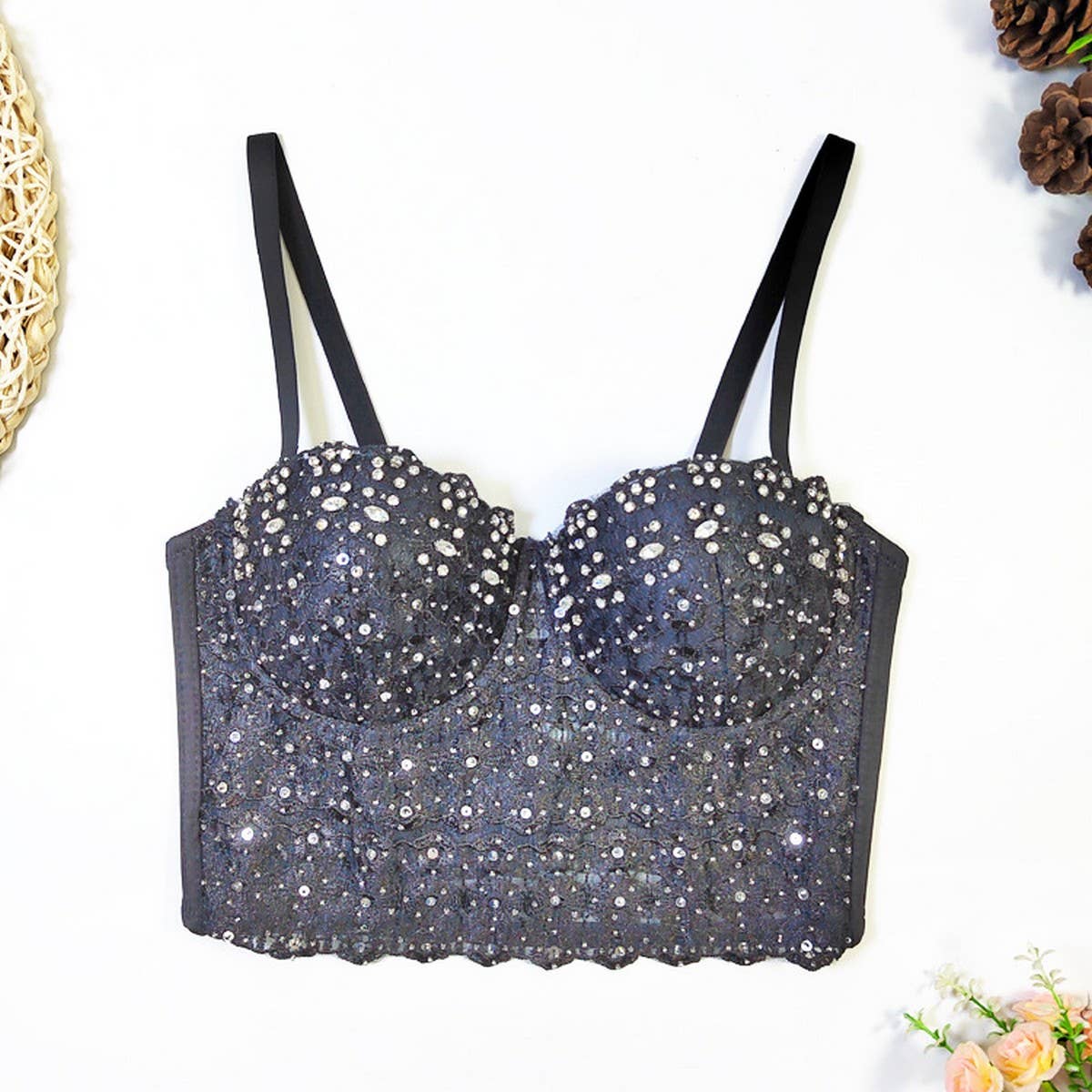 LACE SUSPENDER DIAMOND BEADED HERRINGBONE BRA