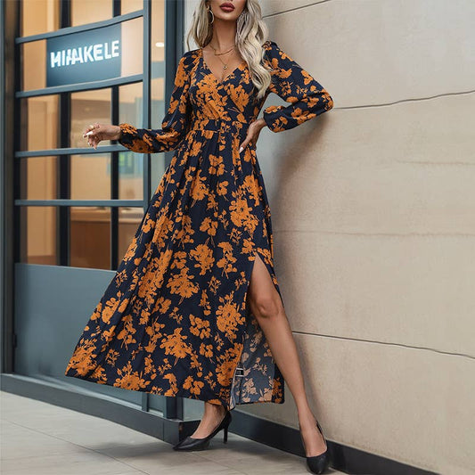 LONG-SLEEVED V-NECK SPLIT PRINT DRESS