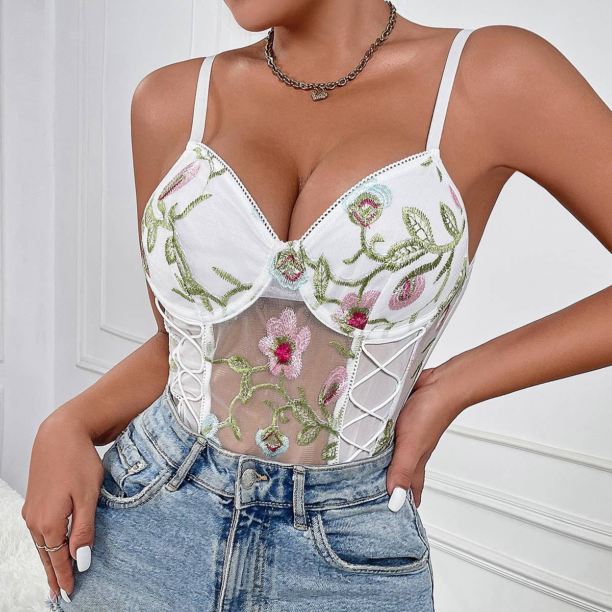 SEXY FLOWER EMBROIDERED SEE-THROUGH BODYSUIT
