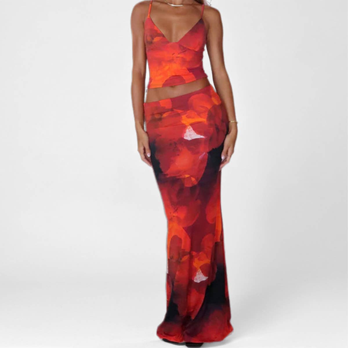 Fashion printed vest slim-fit long skirt suit