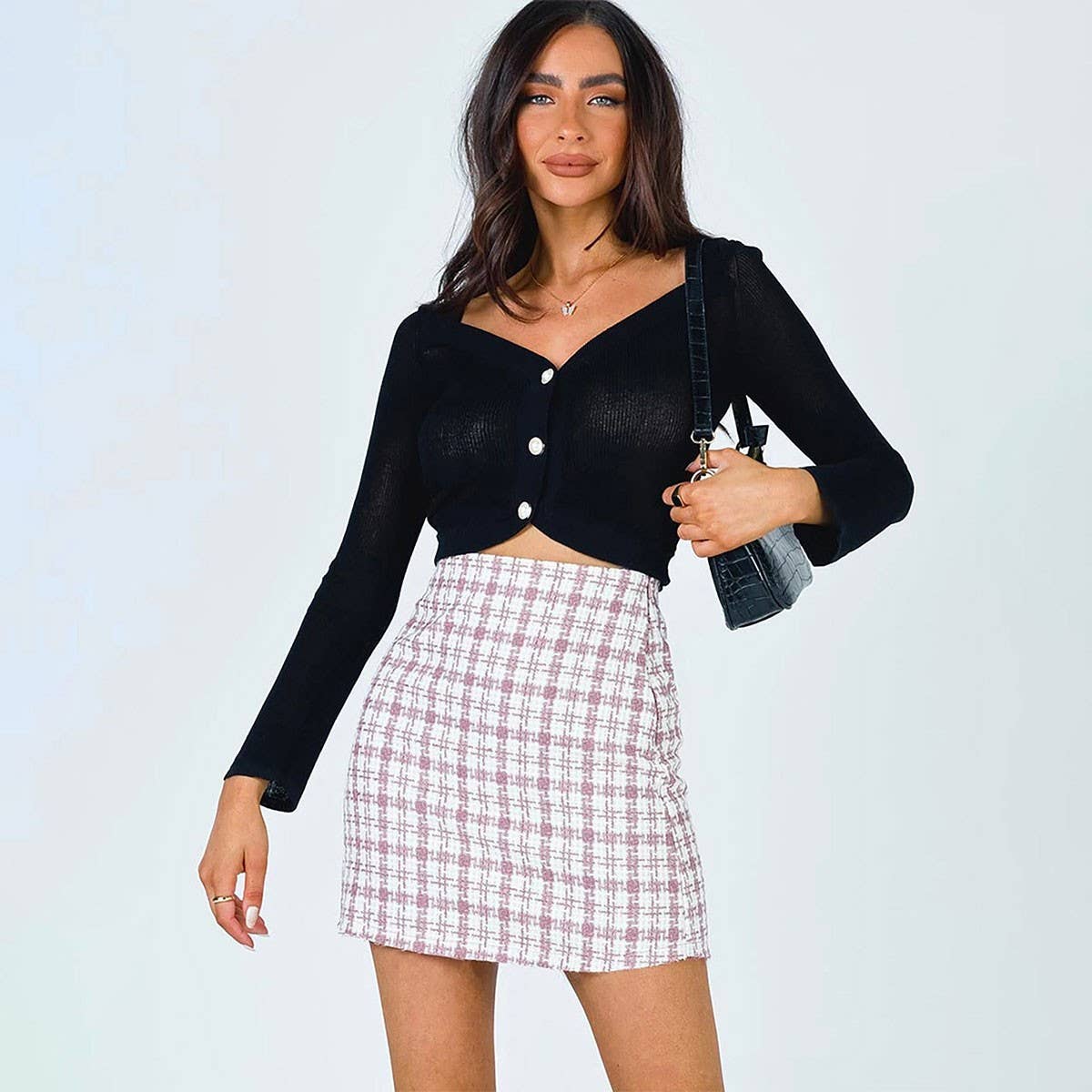 RETRO CHECKERED A-LINE SHORT WOOLEN SKIRT_CWBSS0393