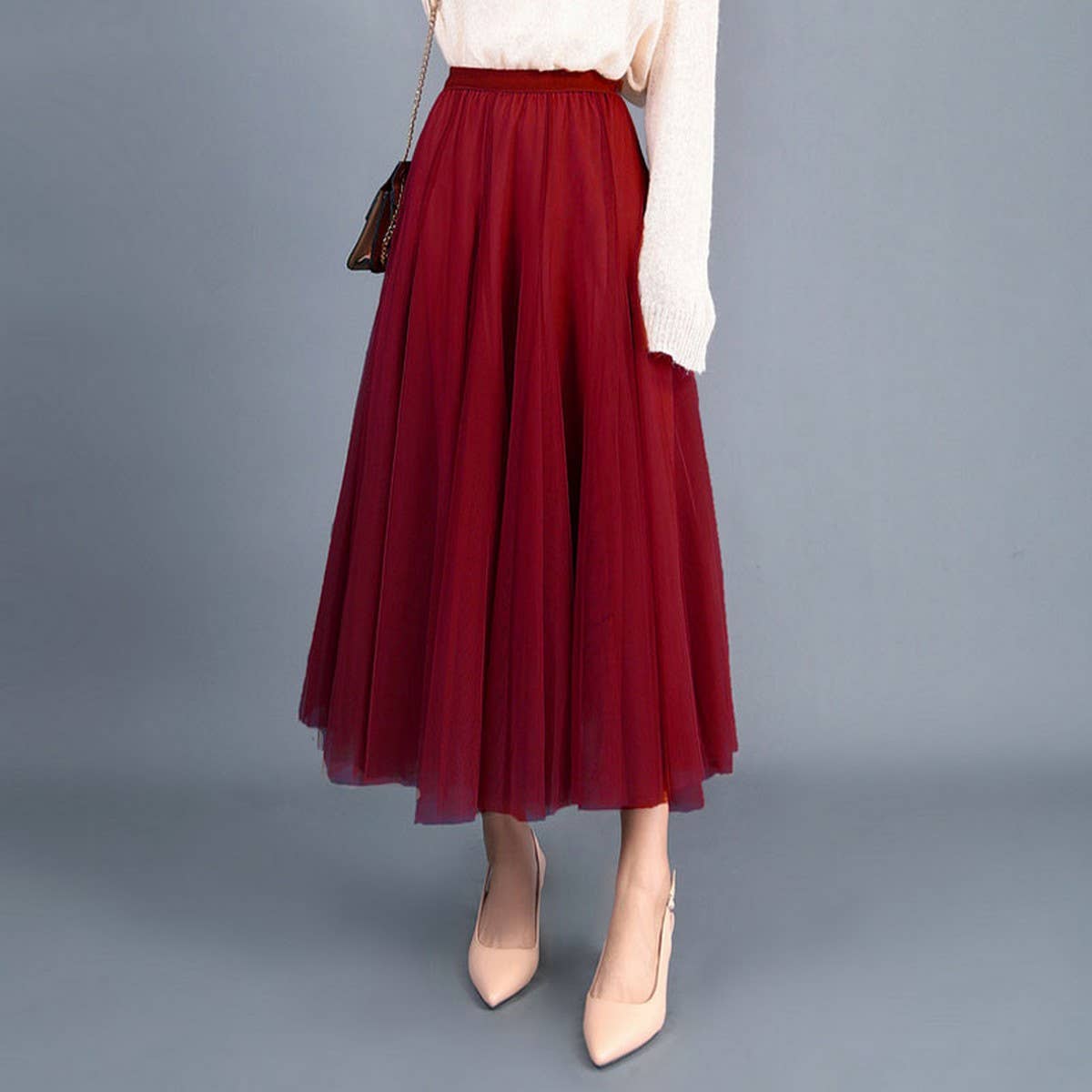 High-Waist Tulle A-Line Pleated Midi Skirt