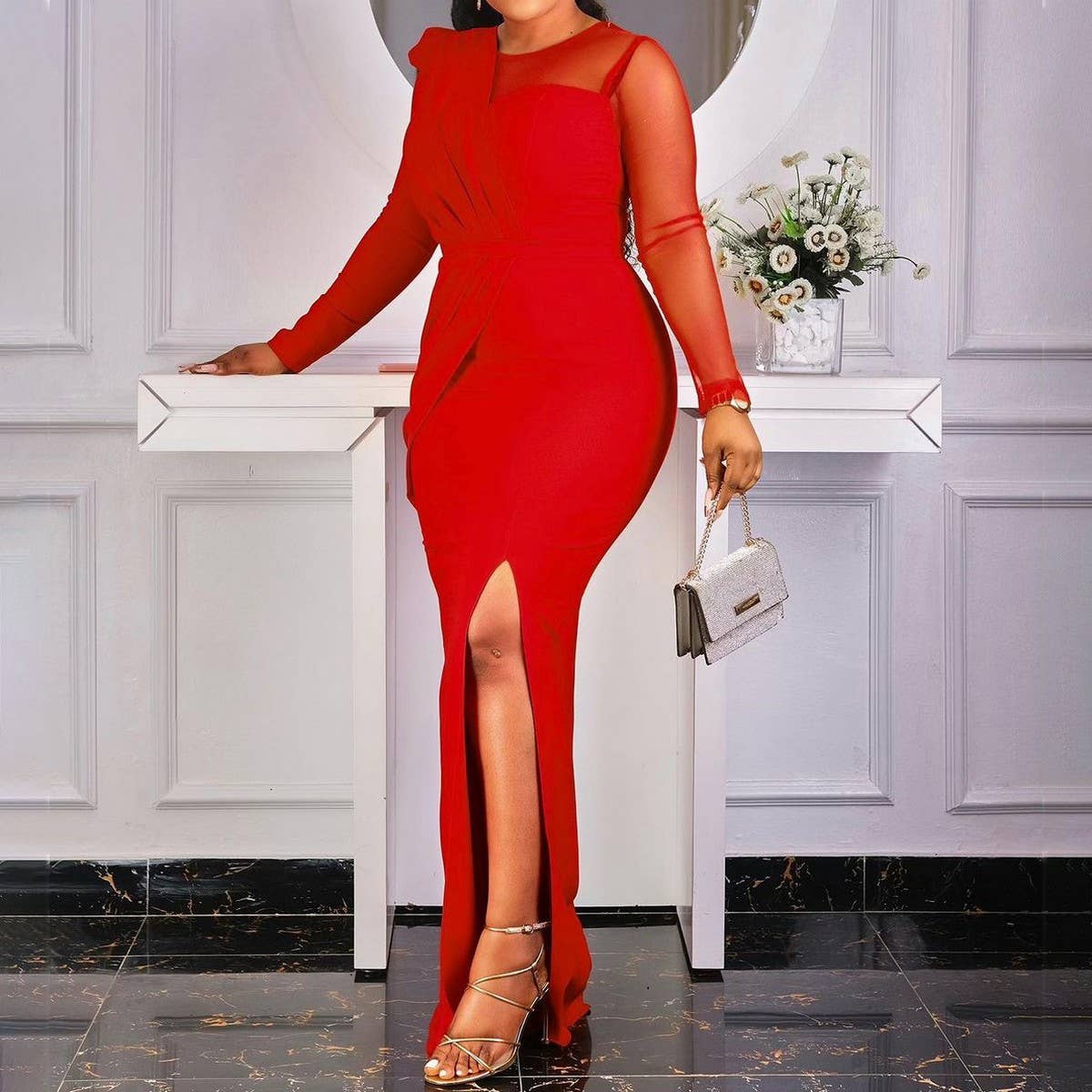 MESH SPLICING SOLID COLOR FASHIONABLE SLIT DRESS