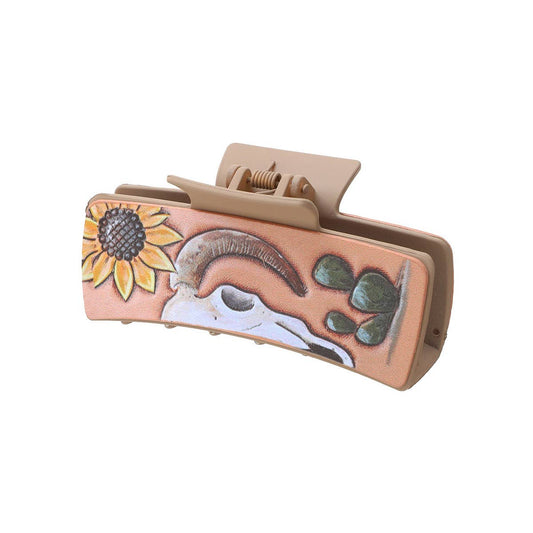 Western Cactus Sunflower Hair Claw - Leather Clip
