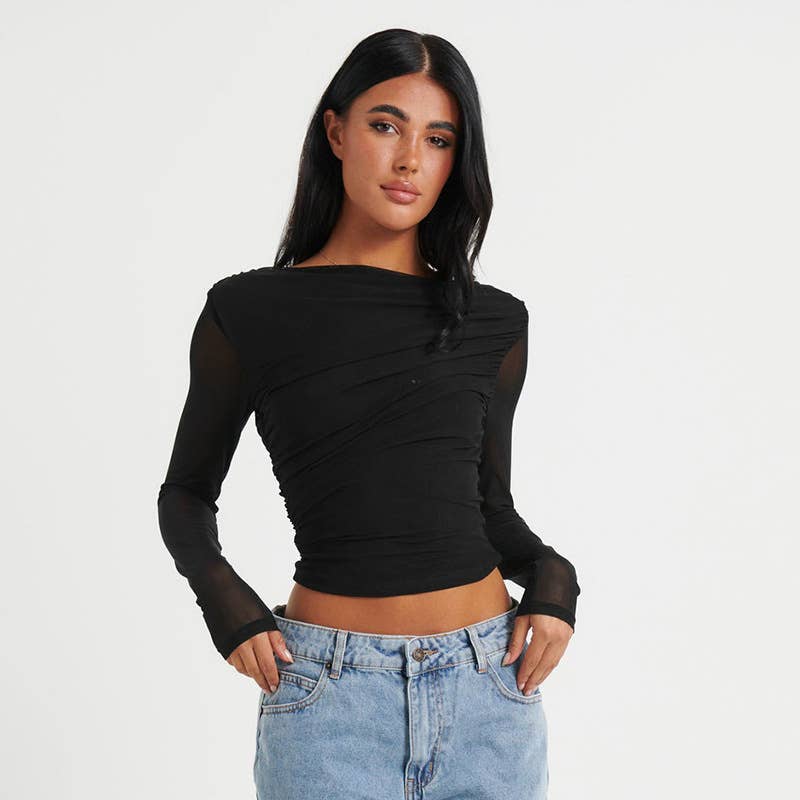 ROUND NECK SOLID COLOR MESH PLEATED CROP TOP