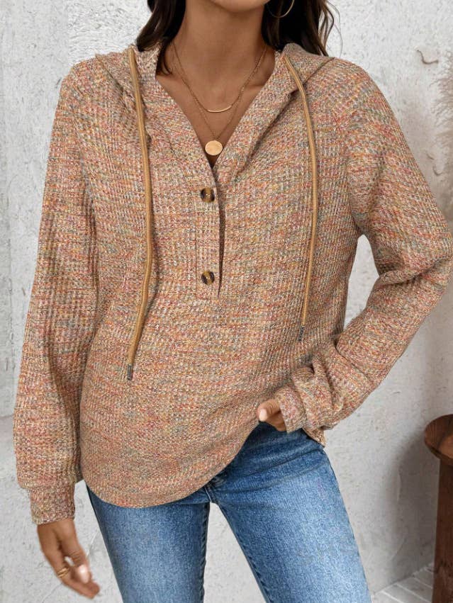 WAFFLE BUTTON-UP HOODIE LOOSE LONG-SLEEVED HOODIE