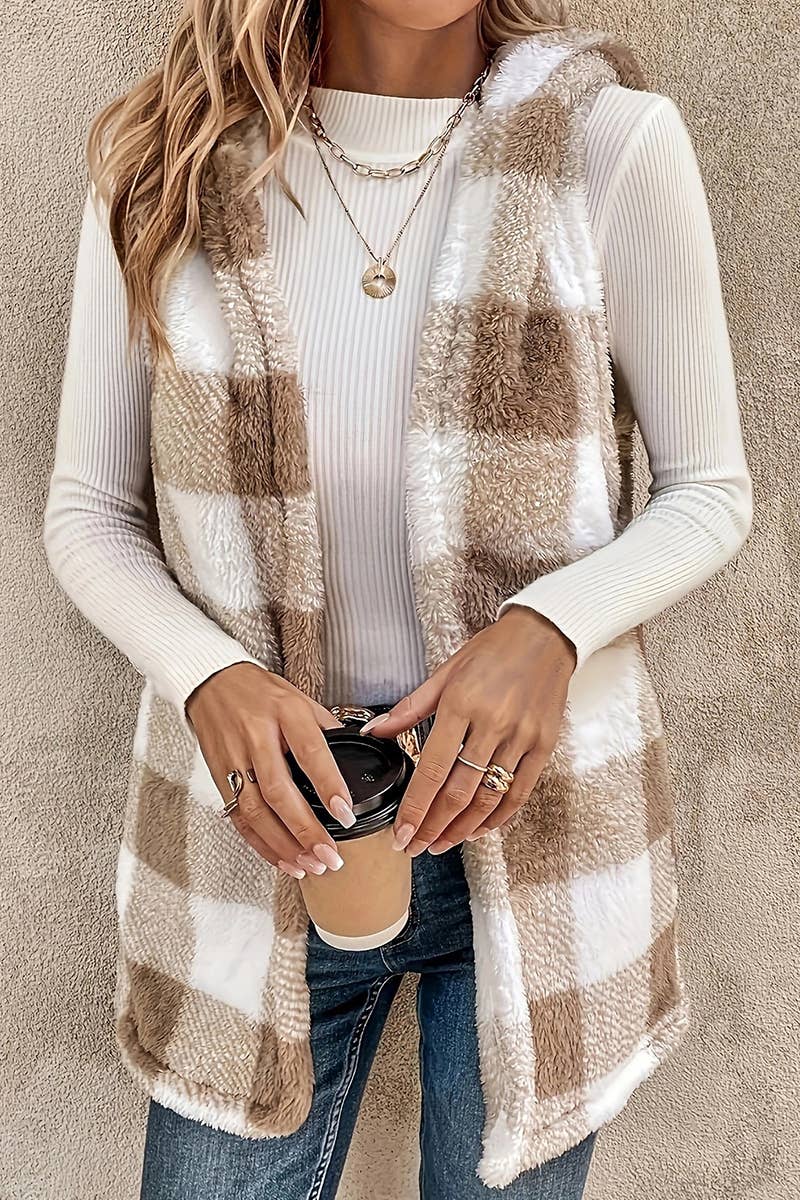 TWO-TONE PLAID HOODED PLUSH WAISTCOAT