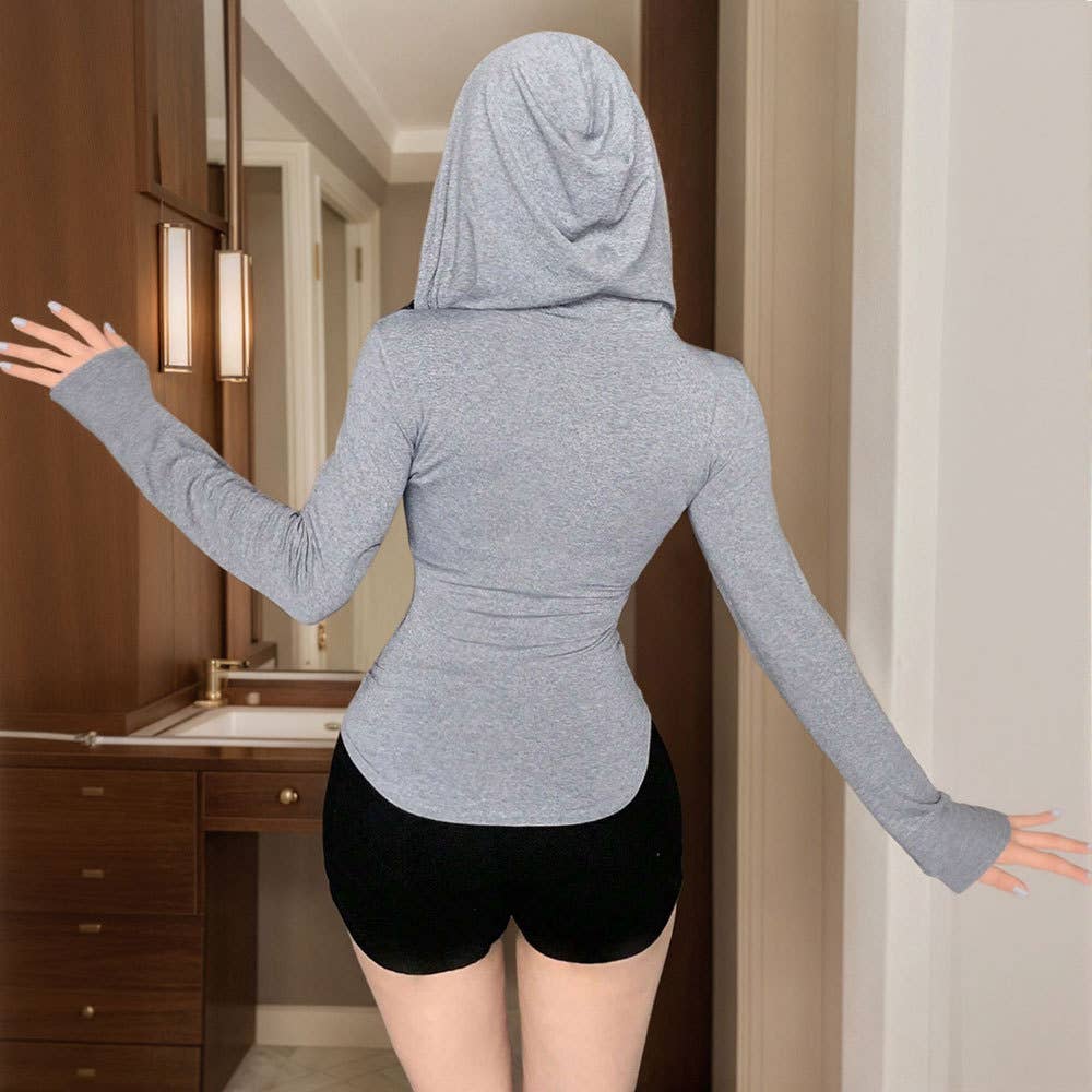 Short hooded cinched-waist knitted sweater