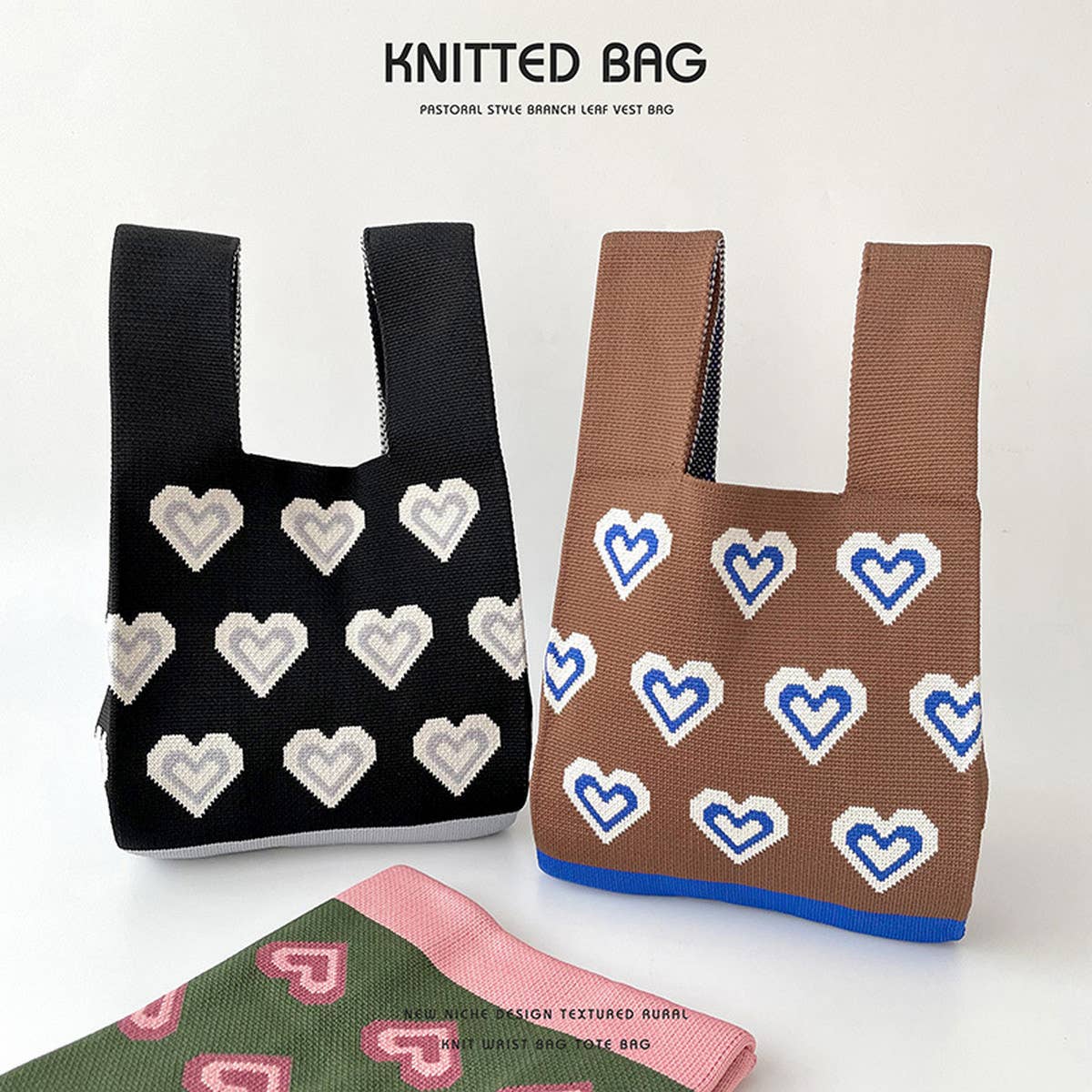 COLOR BLOCK HEART KNITTED SHOULDER TOTE BAG_CWAB1519