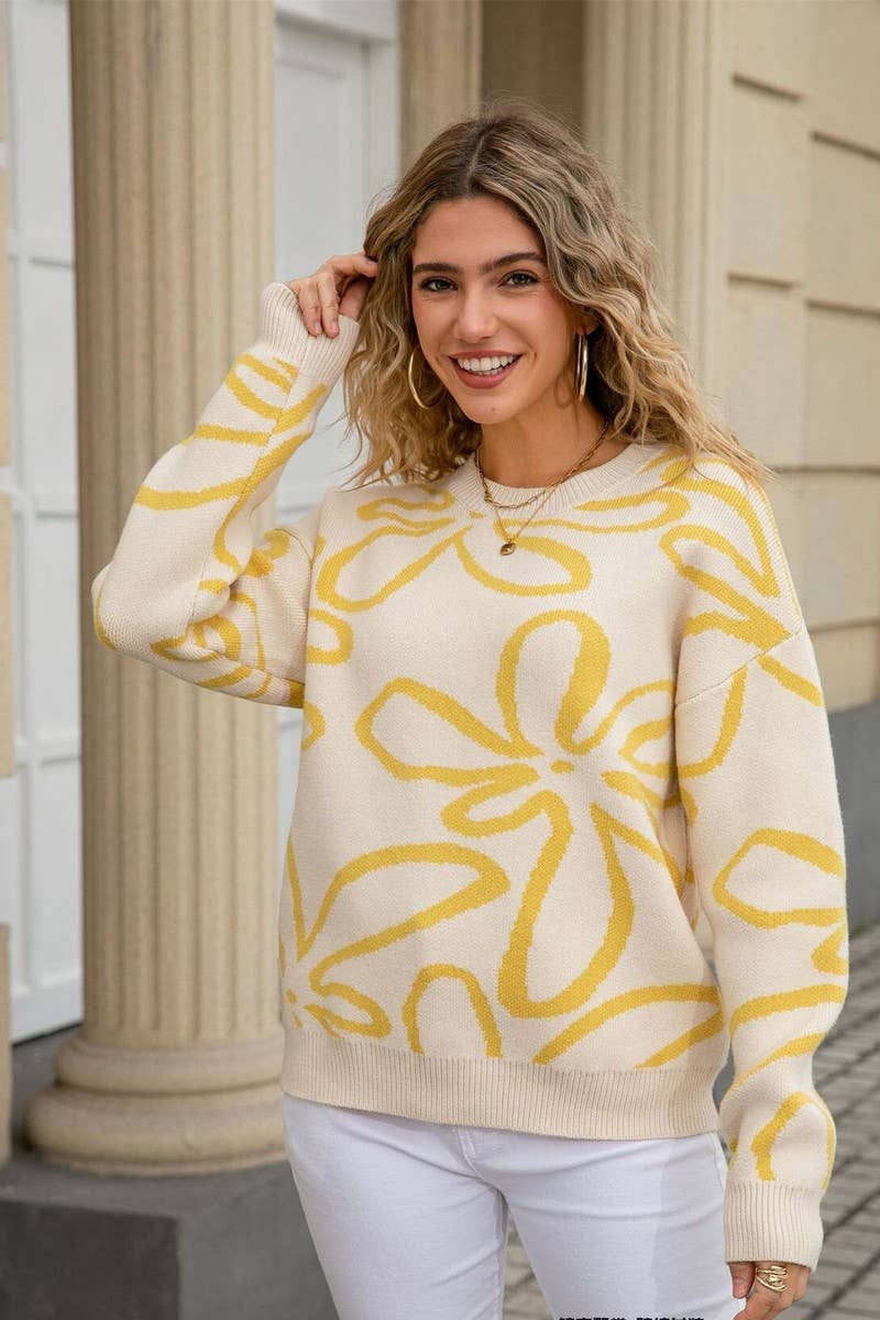 CWOSWL07602_FLORAL COLORBLOCK CREWNECK LOOSE KNIT SWEATER