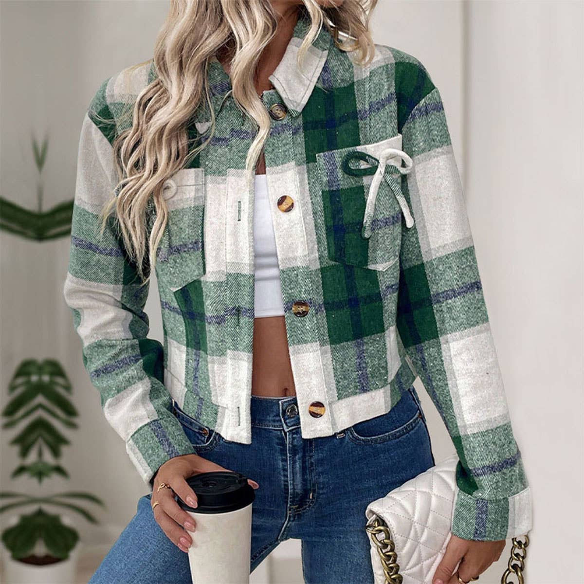 SHORT PLAID VINTAGE WOOL BOW SHIRT JACKET