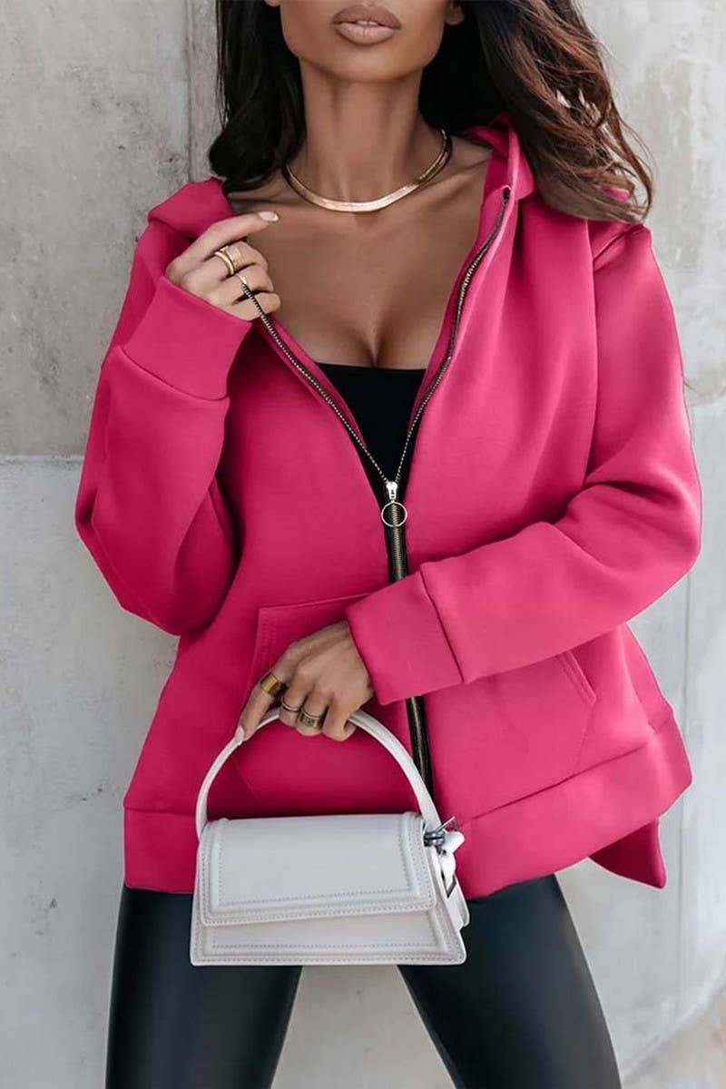 CWOCO0934_SOLID COLOR ZIPPER HOODED CARDIGAN SWEATSHIRT