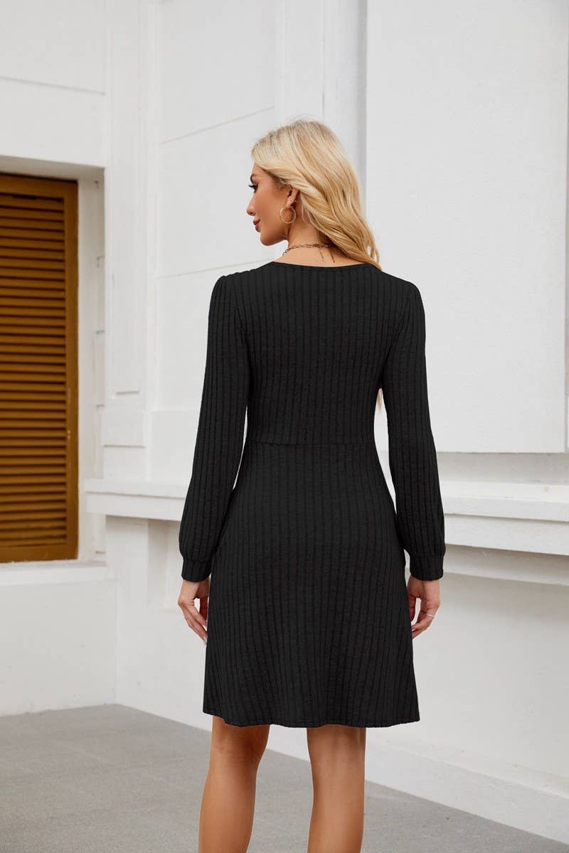 CWDSD8812_SQUARE NECK POCKET KNIT LONG SLEEVE CASUAL DRESS