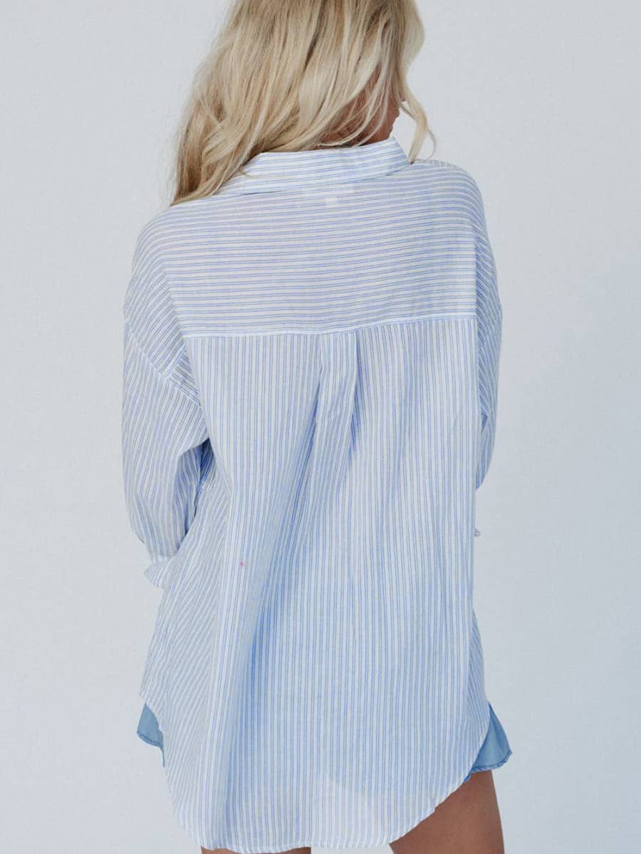 Versatile striped lapel long-sleeved shirt