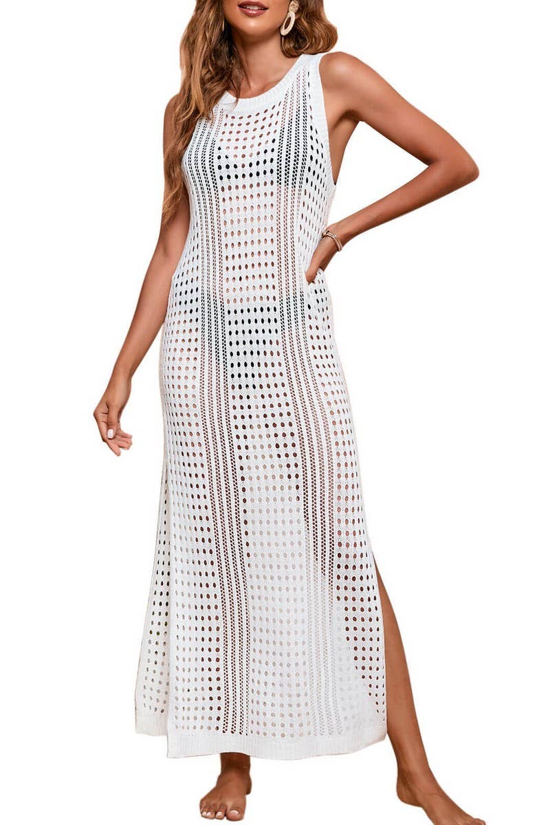 CWDMD4732_LOOSE SOLID BEACH HOLLOW KNIT COVER-UP DRESS