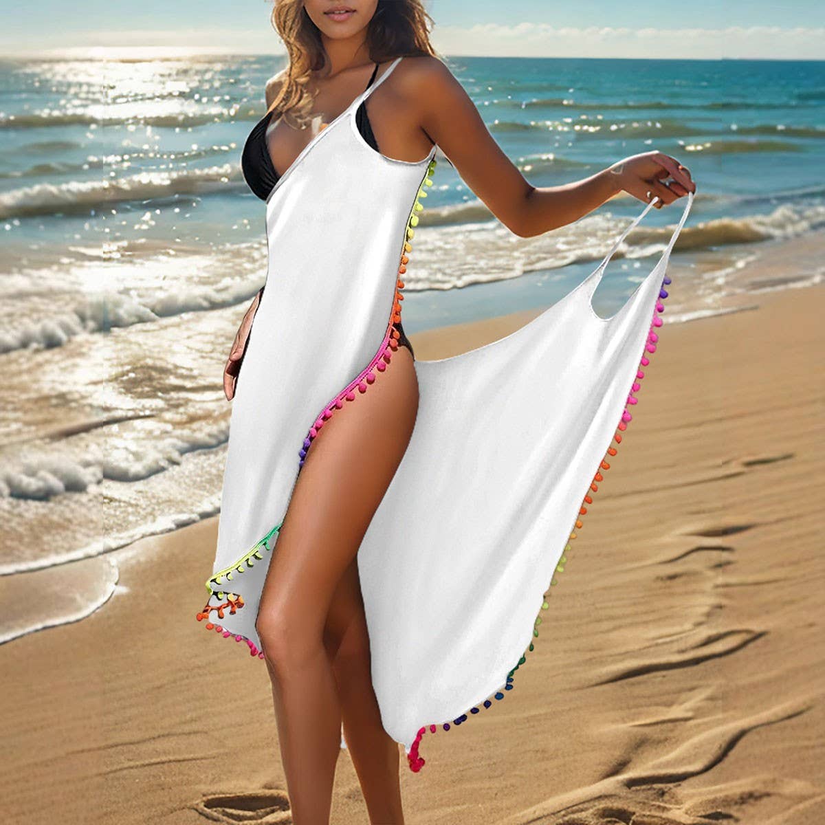 Plus Size One-Piece Beach Skirt, Tassel Trim Dress_CWBLS0478