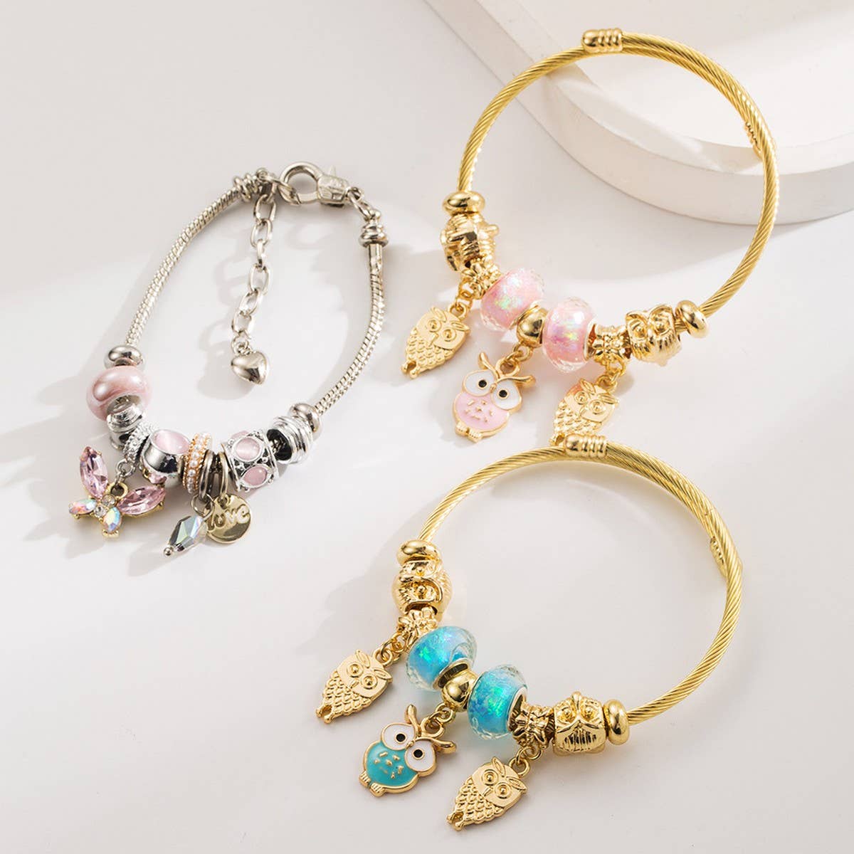 Adjustable Owl & Butterfly Charm Couple Bracelet_CWMM8482