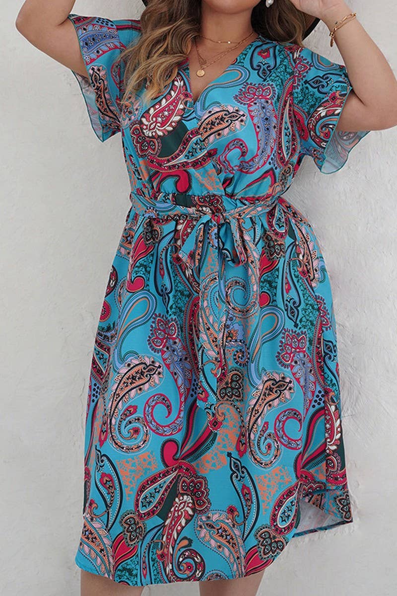 PLUSSIZE V NECK LOOSE SHORT SLEEVED PRINTED DRESS_CWDSD3003