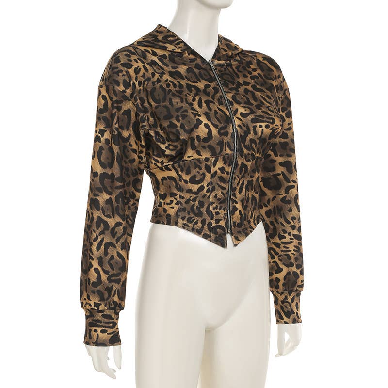 LEOPARD PRINT ZIPPER HOODIE PATCHWORK CARDIGAN