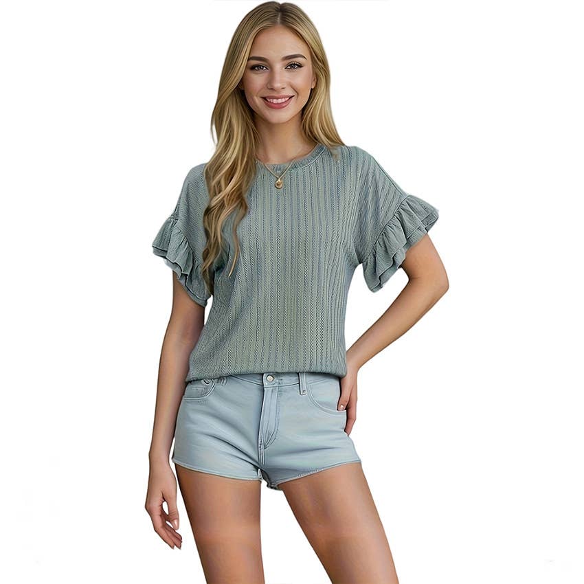 Round neck short sleeve T-shirt with lotus sleeves