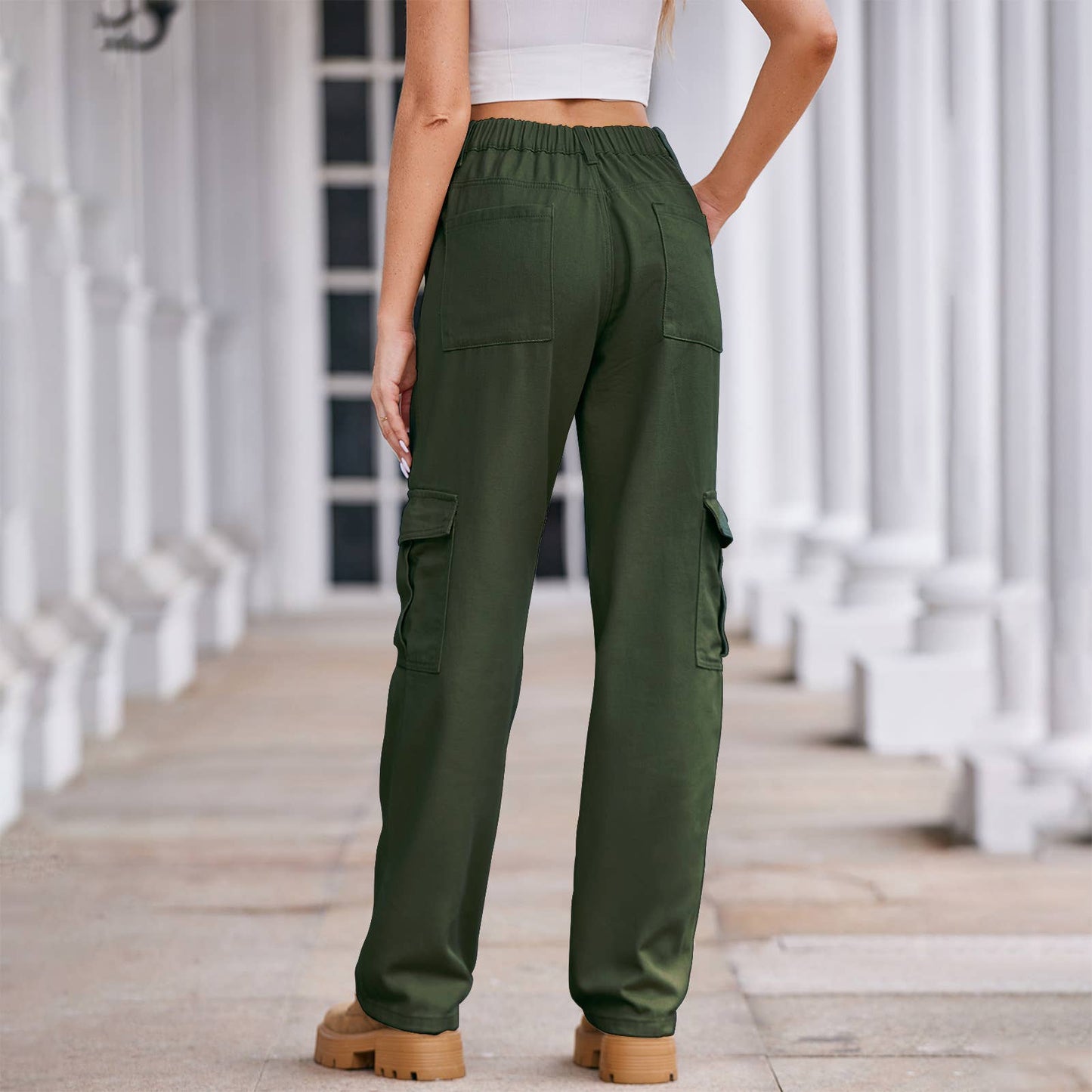 WASHED SEMI-ELASTIC-WAISTED DENIM CARGO PANTS