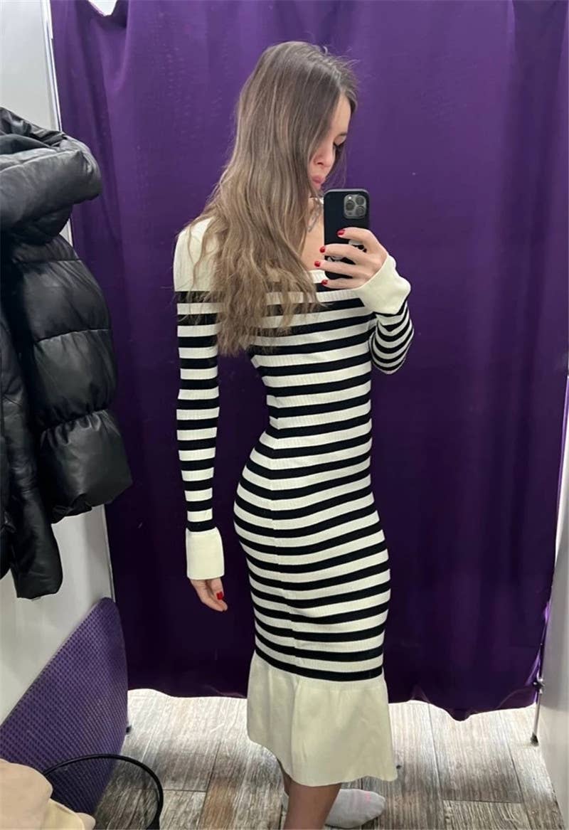 RETRO FASHION SQUARE COLLAR CASUAL SLIM-FIT DRESS