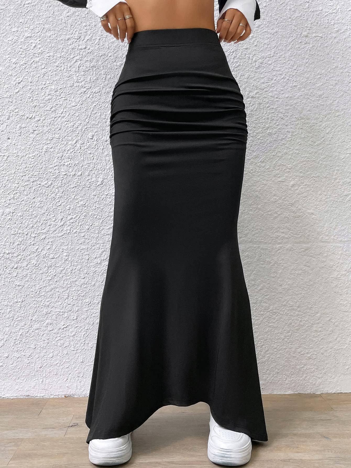 KNIT SOLID COLOR TIGHT FISHTAIL SKIRT LONG SKIRT