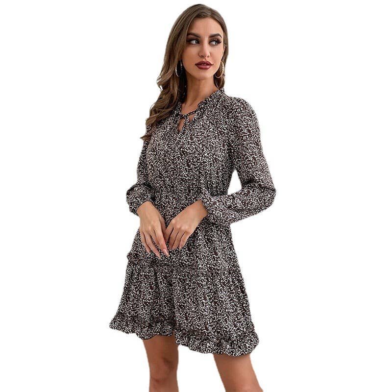 LONG-SLEEVED WOODEN EAR TRIM PRINTED BASE DRESS
