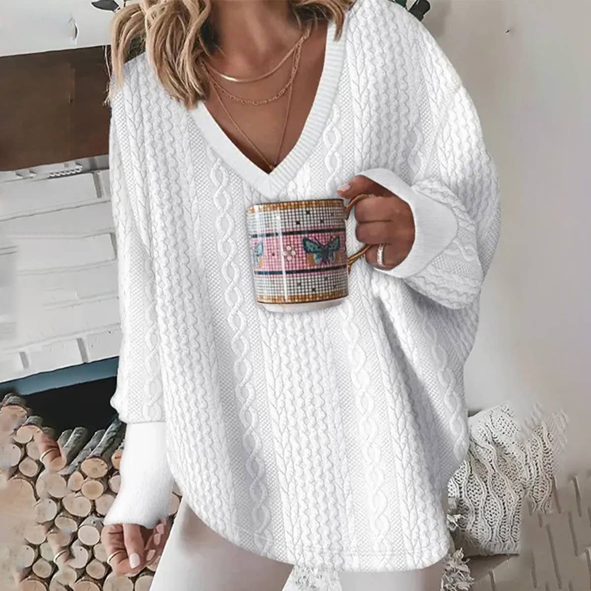 SOLID COLOR KNIT SWEATER V-NECK PULLOVER HOODIE