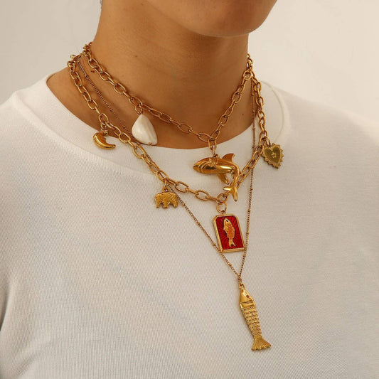 Original Steel Ocean Necklace with Fish & Dolphin_CWMM8831