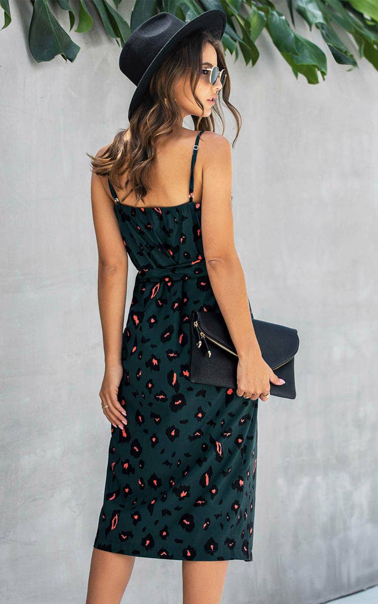 Leopard print split strap slip dress
