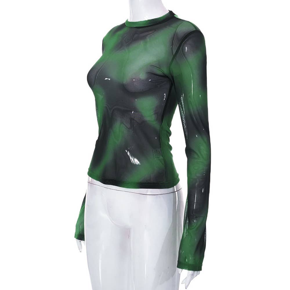 Gradient Tie-Dye Mesh Print Long-Sleeved T-Shirt